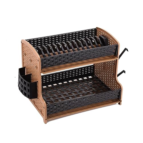 RoyalFord Galaxy 2 Layer Rattan Dish Rack, Plastic Drip Tray, RF10798 Multi Purpose Tier Rack with Cup Holder & Cutlery for Kitchen Countertop, Multicolor