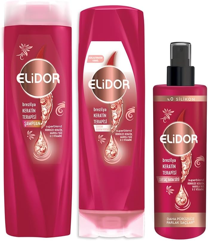 Elidor Brazil Keratin Therapy Shampoo 400 ml + Elidor Brazil Keratin Therapy Serum Care Cream 350 ml + ELIDOR KERATIN LIQUID MAINTENANCE SILK SILK SILVER 200ML