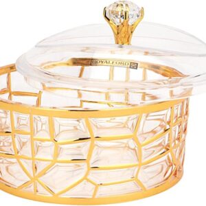 Royalford Acrylic Elegant Candy Bowls RF12340 Dates Bowl Transparent Decorative Gold Finish Metal Base Sweets Jars Serving Dishes Dry Fruits Dish Storage Table Stand with Lid Sugar Bowls Wedding Décor