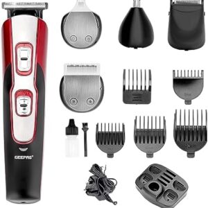 Geepas 11-IN-1 Rechargeable Grooming Kit- GTR8724, Includes Hair Clipper Head And Beard Trimmer Head Black/Red
